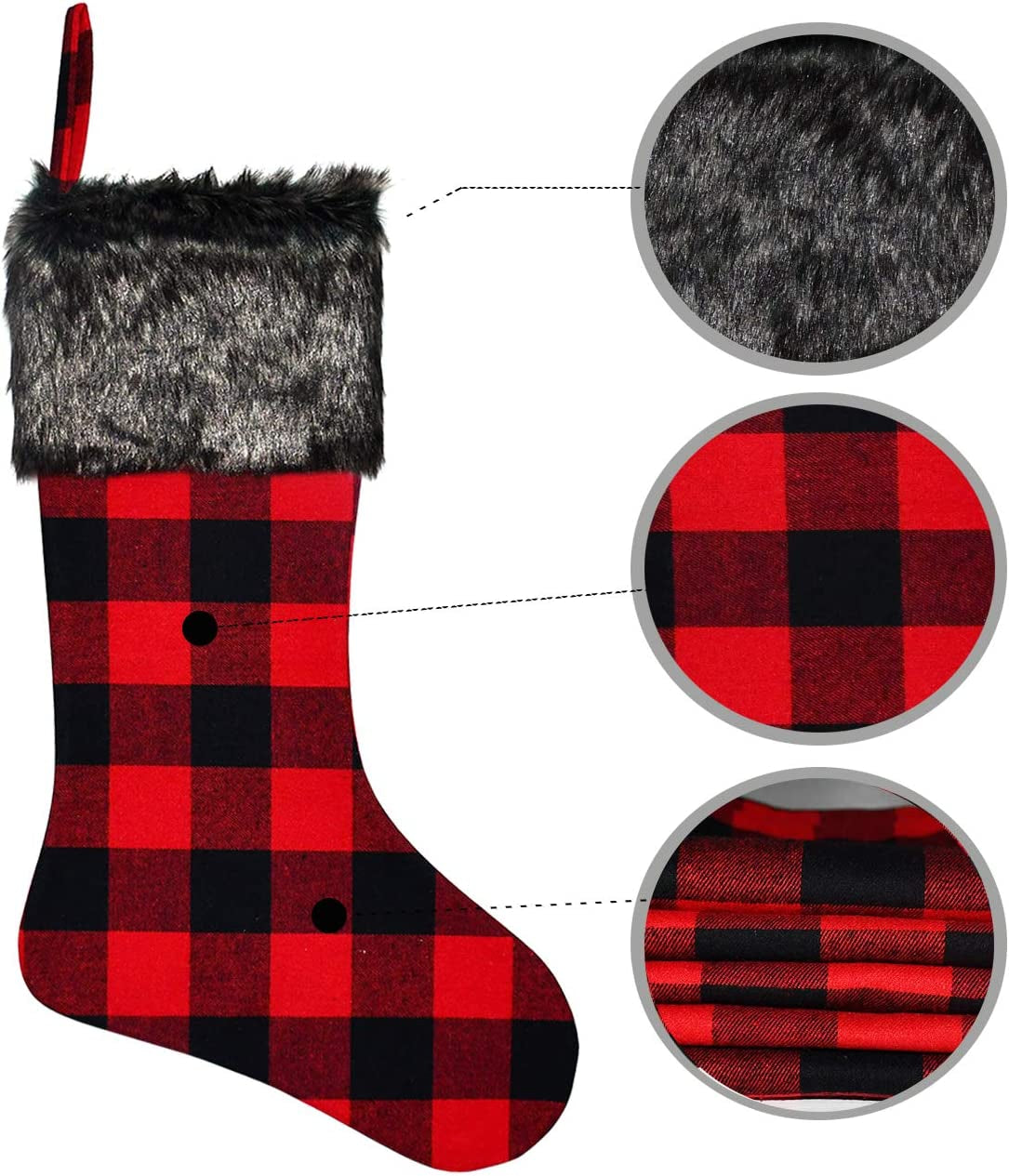 Christmas Stockings- 4 Pack 18" Red Black Buffalo Plaid Stockings with Plush Faux Fur Cuff, Classic Large Christmas Stockings Decorations for Family Christmas Holiday Party Decor