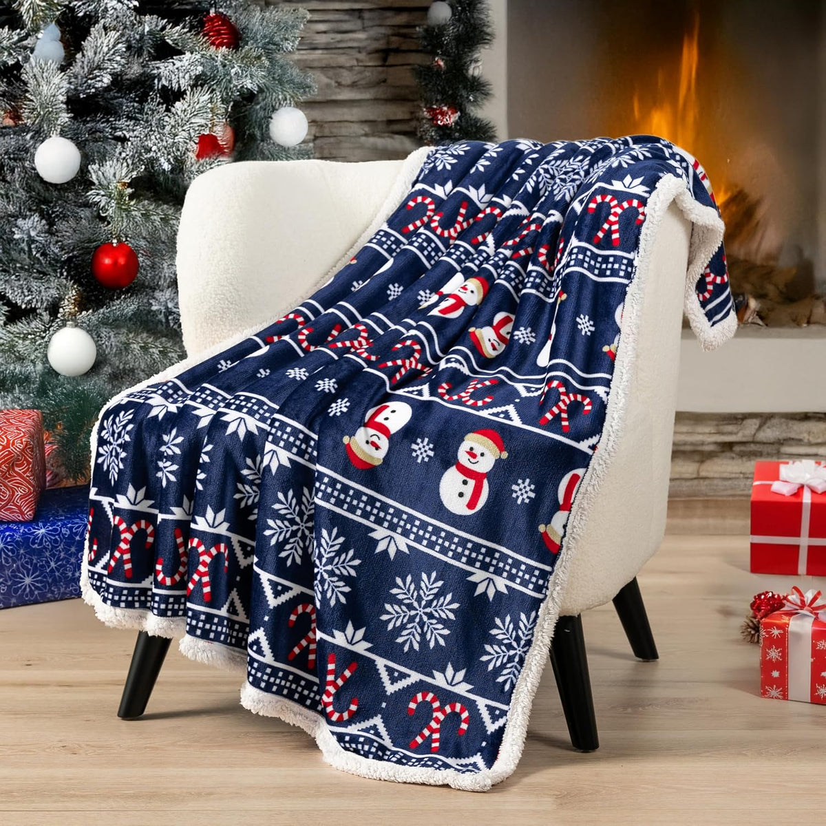 Premium Christmas Sherpa Throw Blanket, 50X60, Navy Blue Snowman Cozy Fleece Holiday Blanket, Reversible Plush Winter Throw for Couch & Bed, Soft Warm