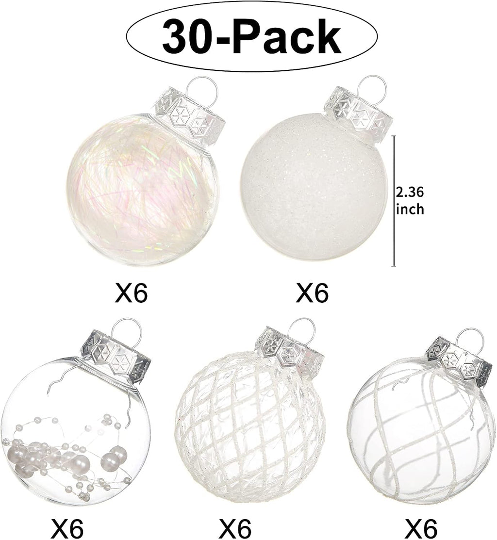 Clear Christmas Ball Ornaments, 30Ct 2.36 Inch White Christmas Ornaments Balls for Christmas Tree with Delicate Stuff Shatterproof Hanging Xmas Tree Baubles Decorations for Wedding Christmas