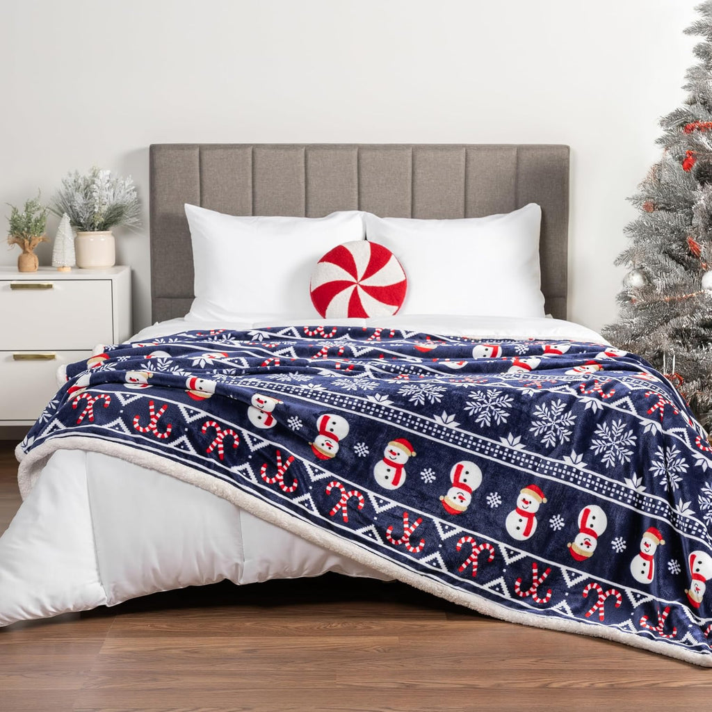 Premium Christmas Sherpa Throw Blanket, 50X60, Navy Blue Snowman Cozy Fleece Holiday Blanket, Reversible Plush Winter Throw for Couch & Bed, Soft Warm