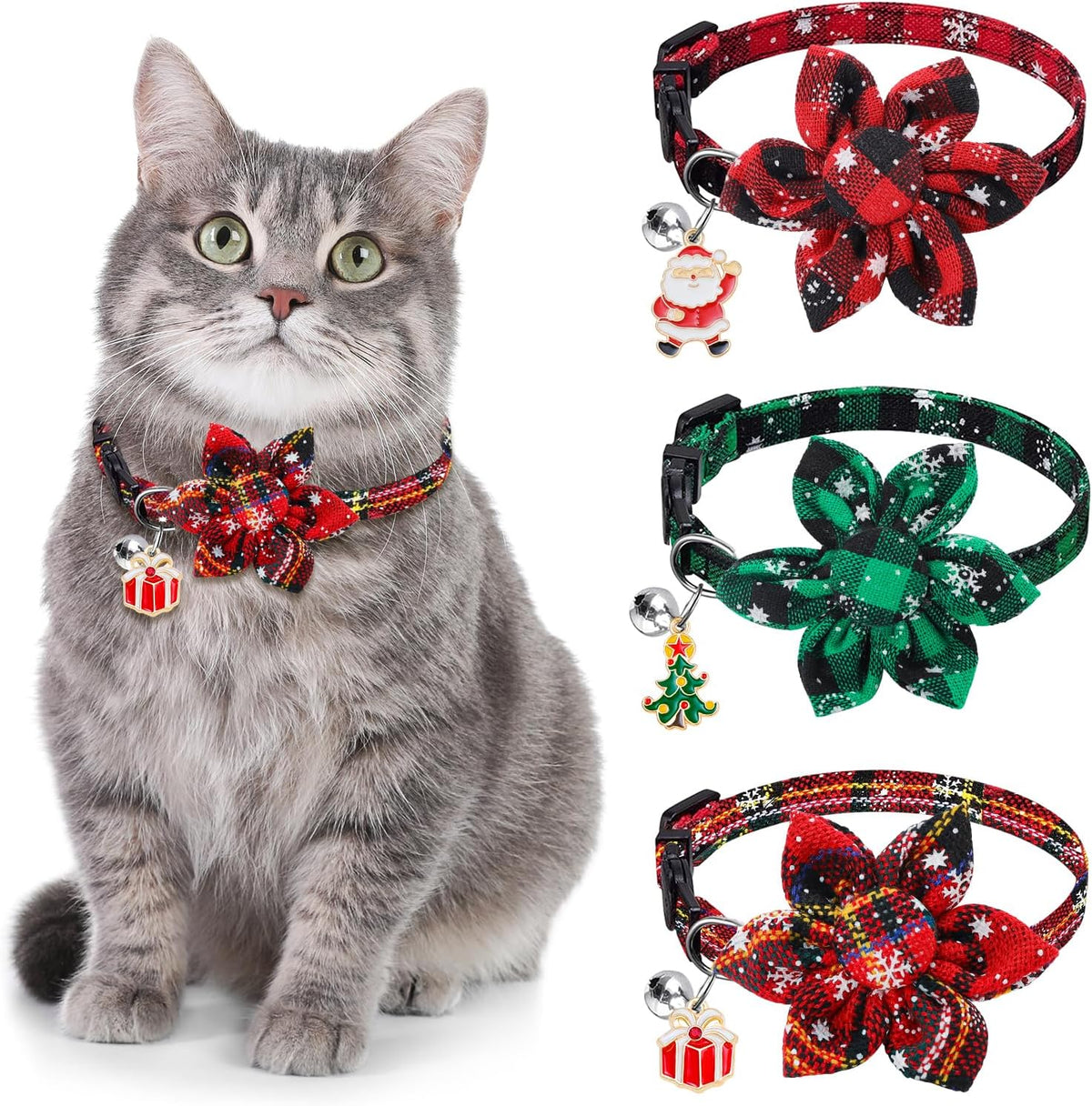 3 Pack Christmas Cat Collars Breakaway Bow Tie Bell Snowflake Kitten Collar