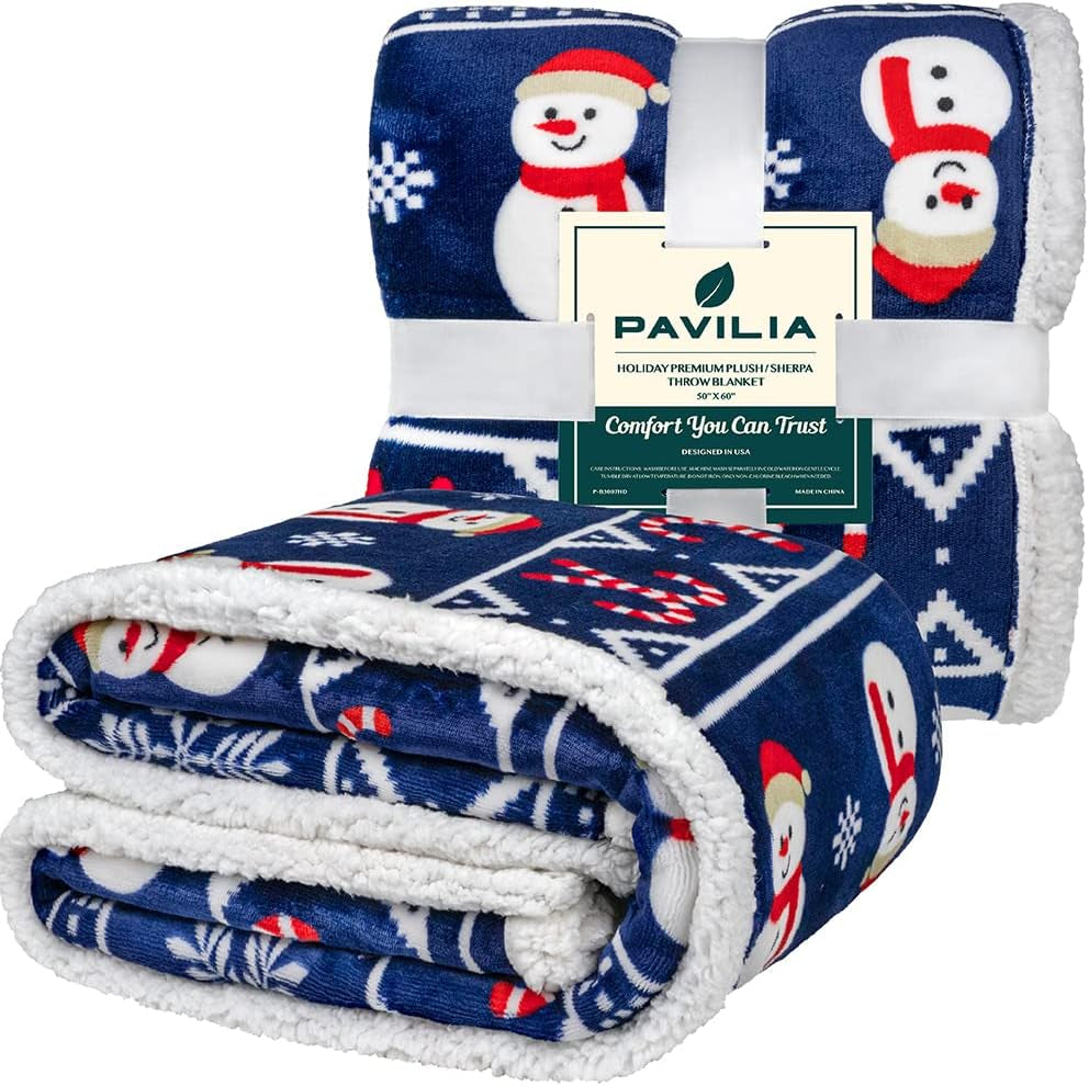 Premium Christmas Sherpa Throw Blanket, 50X60, Navy Blue Snowman Cozy Fleece Holiday Blanket, Reversible Plush Winter Throw for Couch & Bed, Soft Warm