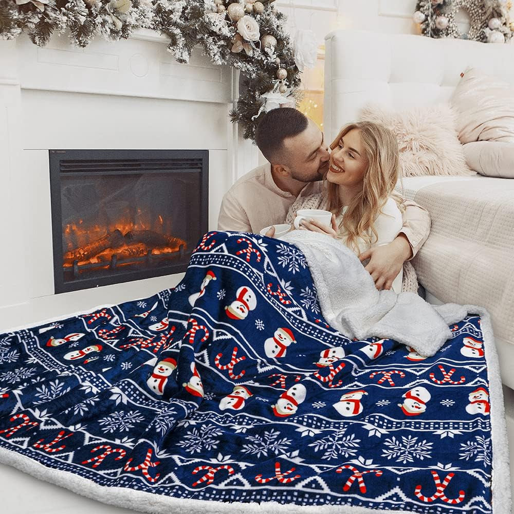 Premium Christmas Sherpa Throw Blanket, 50X60, Navy Blue Snowman Cozy Fleece Holiday Blanket, Reversible Plush Winter Throw for Couch & Bed, Soft Warm