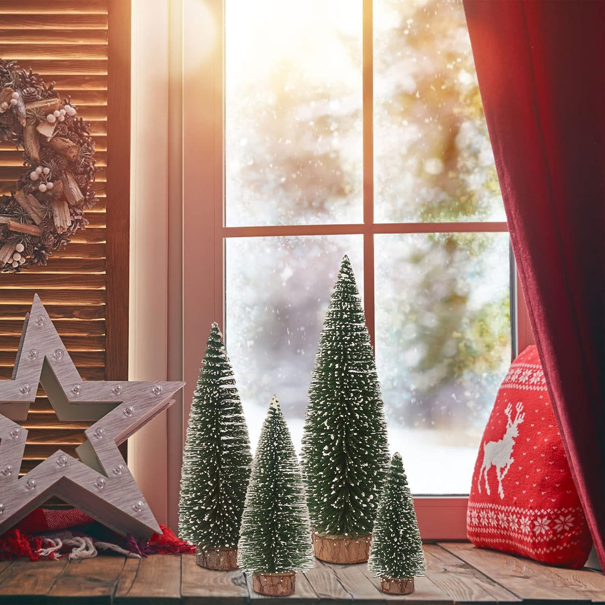 Small Christmas Tree,Mini Christmas Tree, Mini Pine Tree, Bottle Brush Fake Trees with Wooden Base for Tabletop Decorative (Plant Green)