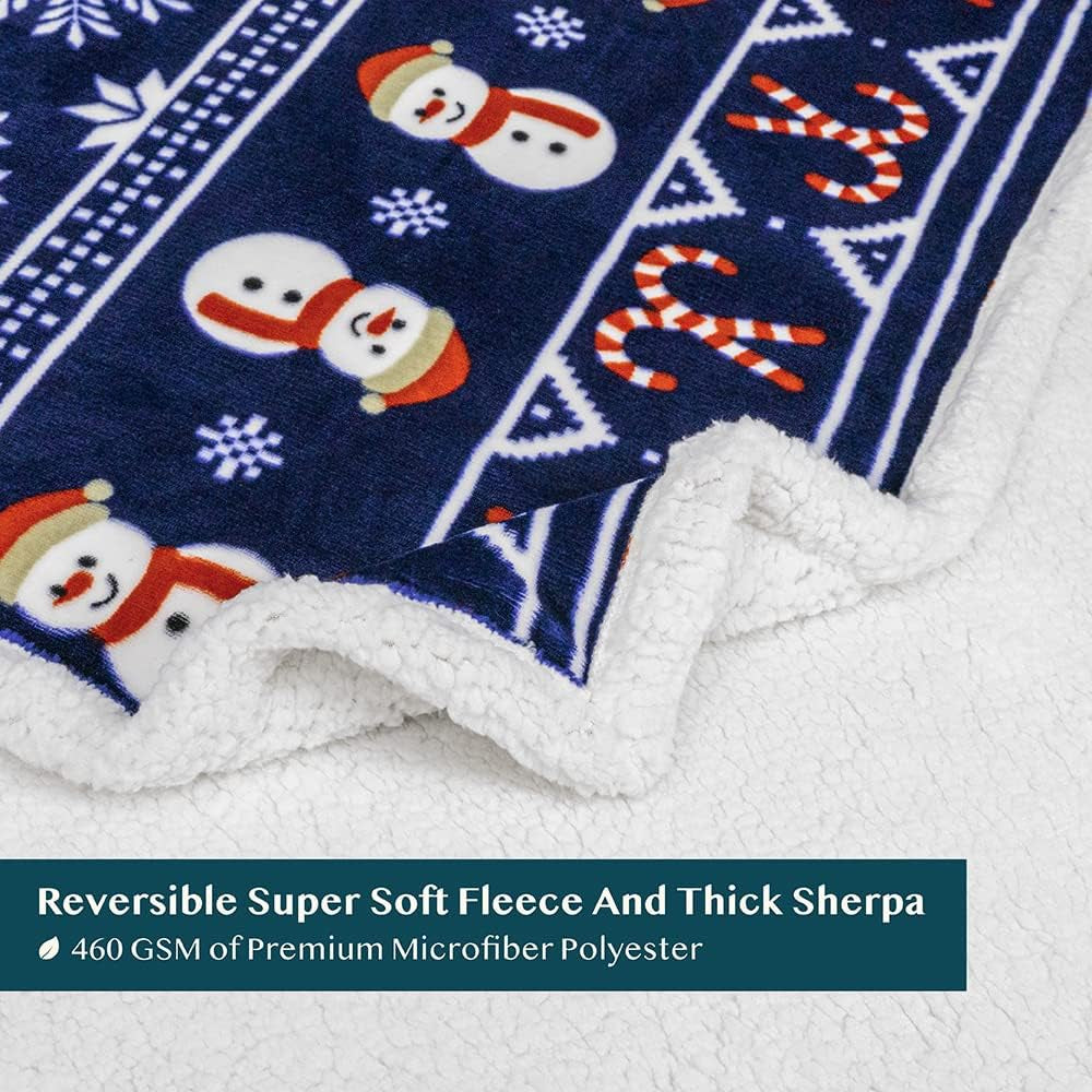 Premium Christmas Sherpa Throw Blanket, 50X60, Navy Blue Snowman Cozy Fleece Holiday Blanket, Reversible Plush Winter Throw for Couch & Bed, Soft Warm