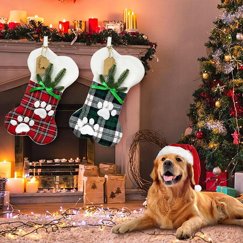 Cat Bone Christmas Stockings, Plush & Plaid Hanging Socks for Holiday and Christmas Decorations