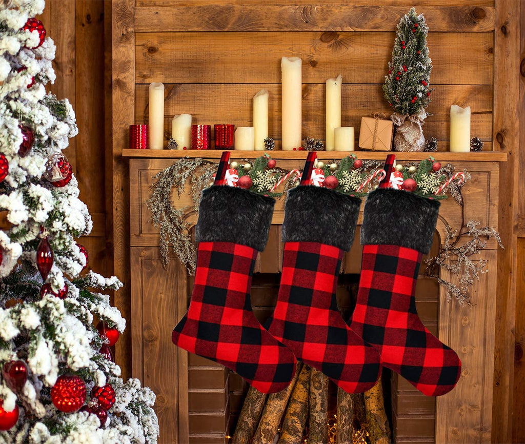 Christmas Stockings- 4 Pack 18" Red Black Buffalo Plaid Stockings with Plush Faux Fur Cuff, Classic Large Christmas Stockings Decorations for Family Christmas Holiday Party Decor