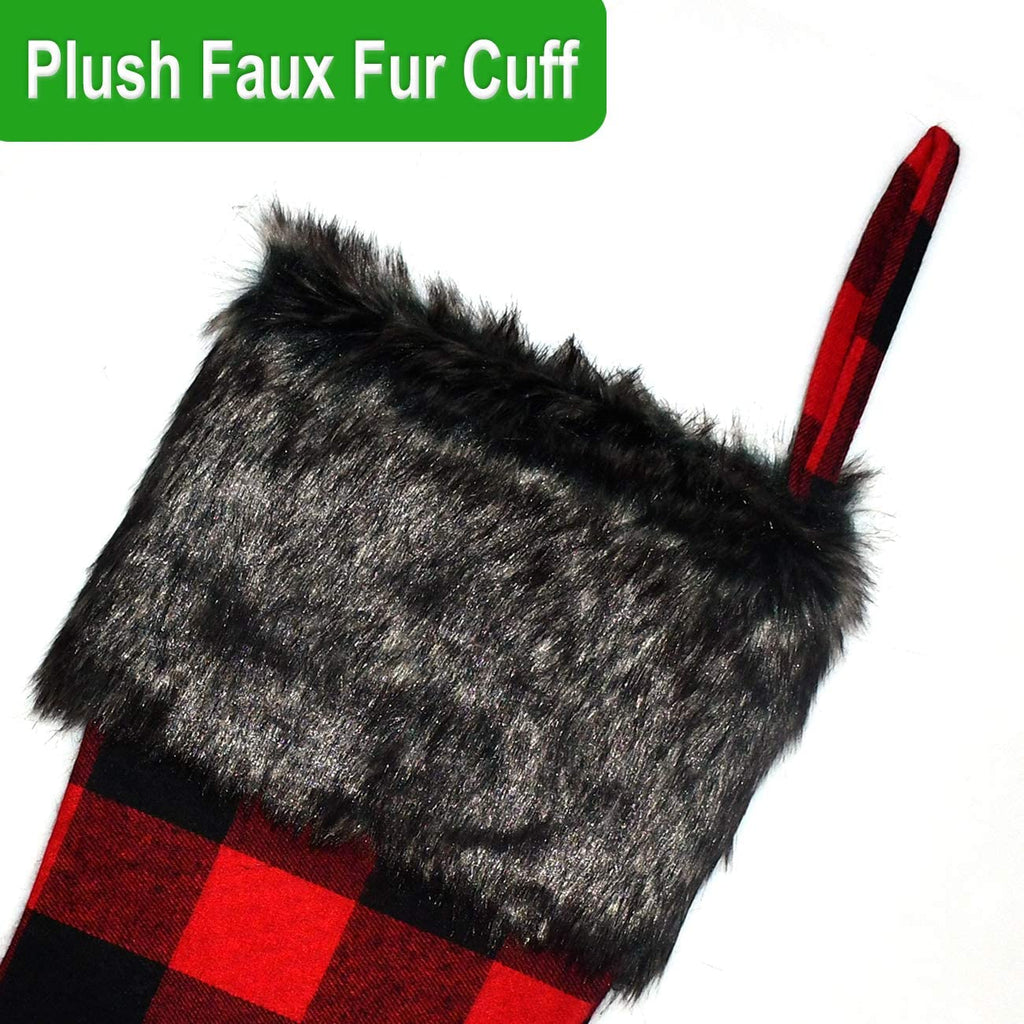 Christmas Stockings- 4 Pack 18" Red Black Buffalo Plaid Stockings with Plush Faux Fur Cuff, Classic Large Christmas Stockings Decorations for Family Christmas Holiday Party Decor