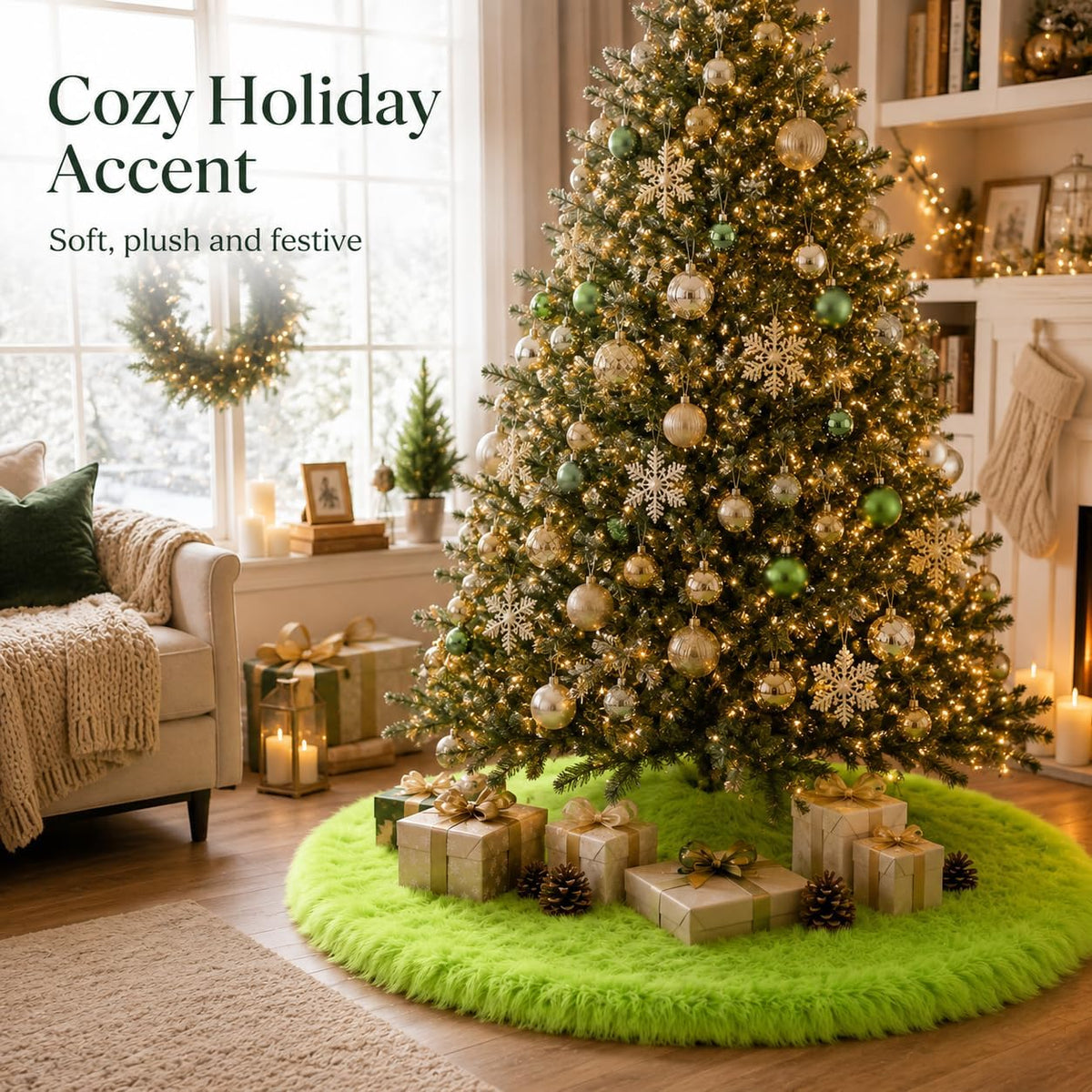 30 Inch Faux Fur Christmas Tree Skirt Green Plush Skirt for Merry Christmas Party Christmas Tree Decoration