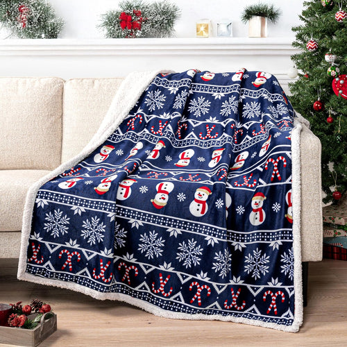 Premium Christmas Sherpa Throw Blanket, 50X60, Navy Blue Snowman Cozy Fleece Holiday Blanket, Reversible Plush Winter Throw for Couch & Bed, Soft Warm
