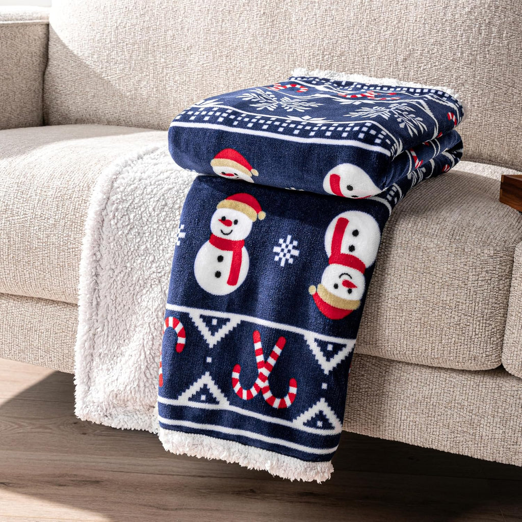 Premium Christmas Sherpa Throw Blanket, 50X60, Navy Blue Snowman Cozy Fleece Holiday Blanket, Reversible Plush Winter Throw for Couch & Bed, Soft Warm
