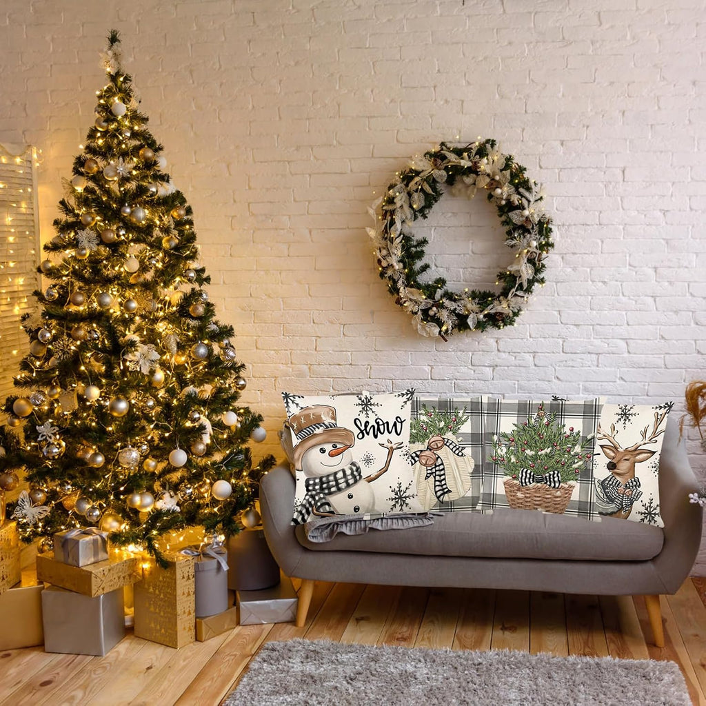 Christmas Decorations - Christmas Pillow Covers 18X18 Set of 4, Holiday Christmas Decor Home Sofa Couch Cushion Indoor Decorations